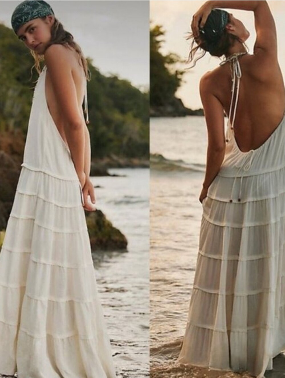 Free People Women's Cream Somewhere Sunny Dropwaist  Boho Halter Dress Sz M NWT